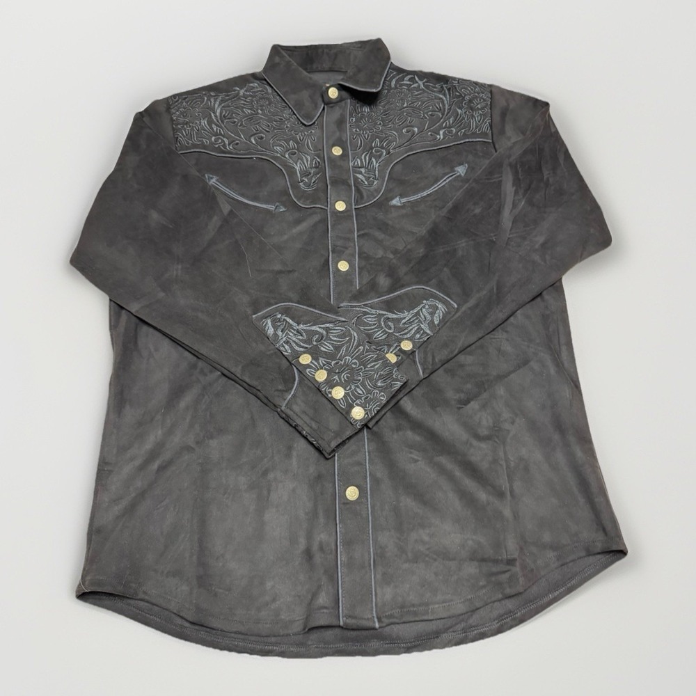 The American West Western Shirt XXL Black Embroidered Faux Suede Snap Front USA